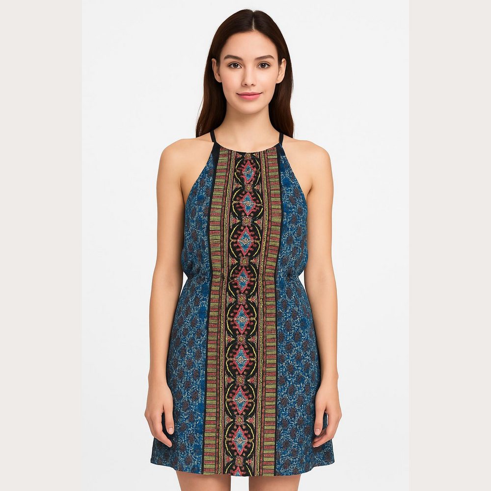 Women's By & By Blue Black Multi-Color Boho Halter Dress Size M